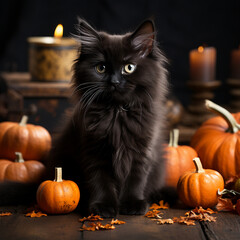 Funny fluffy black cat with pumpkins for Halloween on a dark background