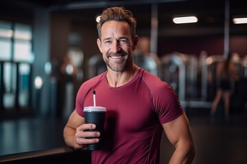 Portrait of a smiling man holding a coffee cup while standing in a gym