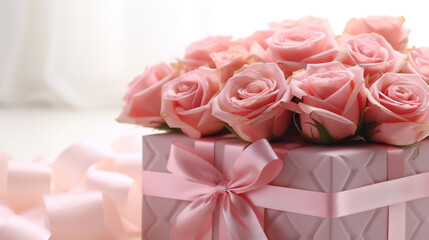 Fresh roses and a box with a gift on a neutral background.