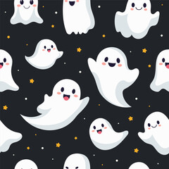 Seamless pattern with smiling ghosts for Halloween. Vector flat style illustration for design textile, wrapping, fabric, paper, print.