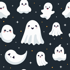 Seamless pattern with smiling ghosts for Halloween. Vector flat style illustration for design textile, wrapping, fabric, paper, print.