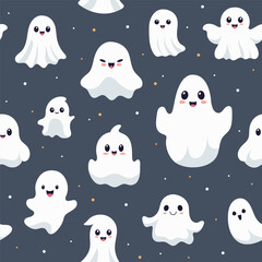 Seamless pattern with smiling ghosts for Halloween. Vector flat style illustration for design textile, wrapping, fabric, paper, print.