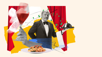 Senior man, waiter of restaurant serving food, delicious pasta and red wine. Contemporary art collage. Concept of profession, occupation, work, creativity, job fair, hobby, ad