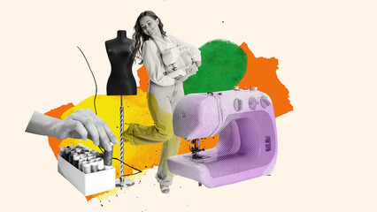 Smiling young girl, seamstress, fusion designer making clothes, working on new fashion outfits....