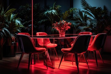 Interior of a room with a dining table with neon red lighting