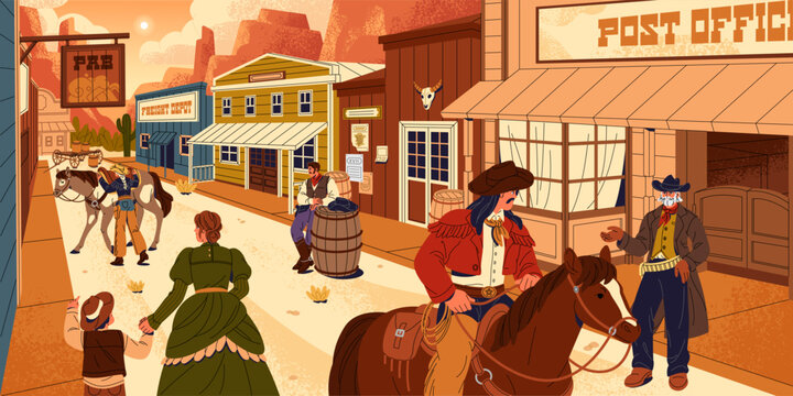 Wild west panorama. Old american city with wooden buildings, country in desert, texas town. Cowboy, rider, horseman rides on horse, people walking on western sand street. Flat vector illustration