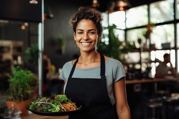 Portrait of smiling waitress in apron holding plate with fresh salad in cafe
