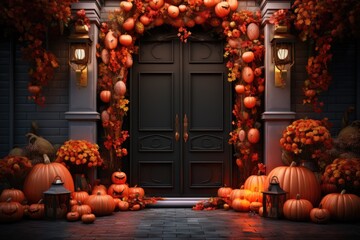 Front door decor with autumn flowers and pumpkins