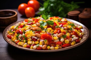 Salad of canned beans, corn, tomatoes, peppers and onions