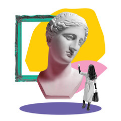 Antique museum. Young woman looking at giant antiques statue bust. Abstract elements. Contemporary art collage. Concept of postmodern, creativity, abstract art, imagination, pop art. Creative design