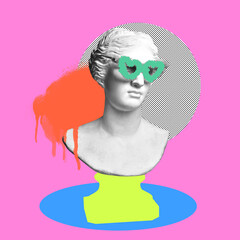 Antique statue bust with fluffy glasses over pink background with abstract design elements....