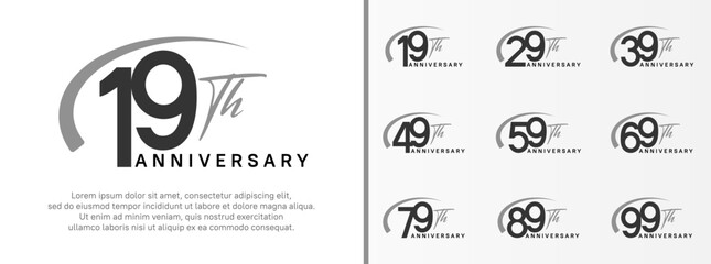 set of anniversary logo black color number and gray swoosh on white background for celebration