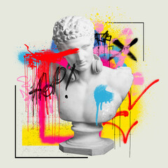 Antique statue bust painted in colorful paints, graffiti over light background. Street style. Contemporary art collage. Concept of postmodern, creativity, imagination, pop art. Creative design