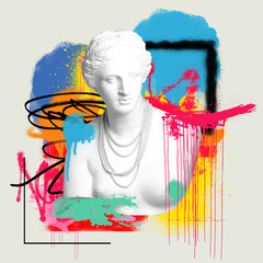 Antique statue bust over light background with colorful graffiti art. Street style. Contemporary...