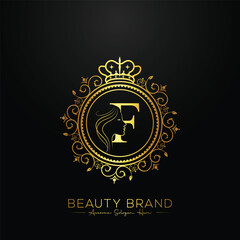 Luxury F letter logo, beauty face design vector template