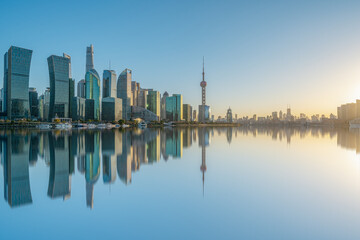Fototapeta na wymiar skyline of Shanghai financial district buildings at sunset