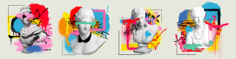Set of antique statue busts over light background with colorful graffiti art. Street style....