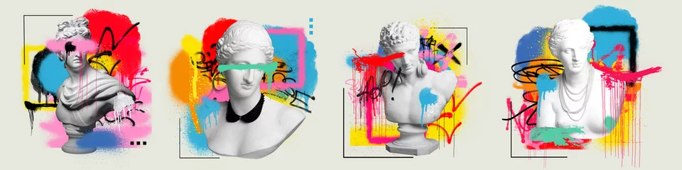 Fotobehang Set of antique statue busts over light background with colorful graffiti art. Street style. Contemporary art collage. Concept of postmodern, creativity, imagination, pop art. Creative design © master1305