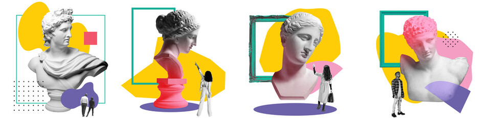 Museum. Young people looking at giant antique statue busts. Contemporary art collage. Concept of postmodern, creativity, abstract art, imagination, pop art. Creative design