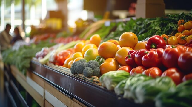 A vibrant farmers market with stands of colorful fruits and vegetables. Fresh tasty fruits and vegetables. Apples, oranges, brocoly, parika, tomato.