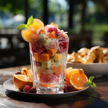 Refreshing multifruit juice drink on the background of the tropical nature. Glass of Refreshing cold lemon drink composition on a bright summer day. Travel resort with cold tasty drinks