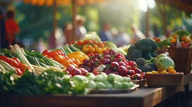 A vibrant farmers market with stands of colorful fruits and vegetables. Fresh tasty fruits and vegetables. Apples, oranges, brocoly, parika, tomato.