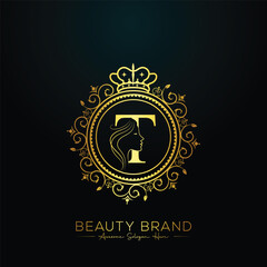Luxury T letter logo, beauty face design vector template