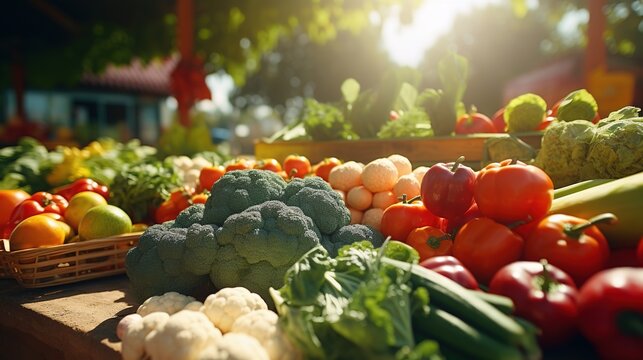 A vibrant farmers market with stands of colorful fruits and vegetables. Fresh tasty fruits and vegetables. Apples, oranges, brocoly, parika, tomato.
