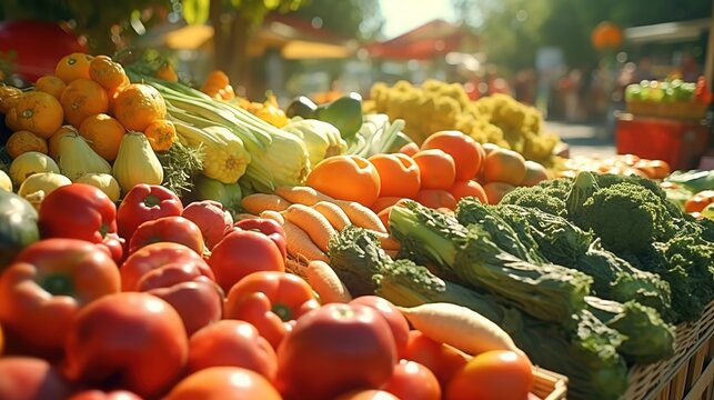 A vibrant farmers market with stands of colorful fruits and vegetables. Fresh tasty fruits and vegetables. Apples, oranges, brocoly, parika, tomato.