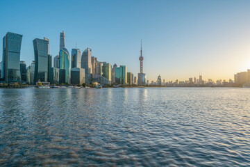 skyline of Shanghai financial district buildings at sunset