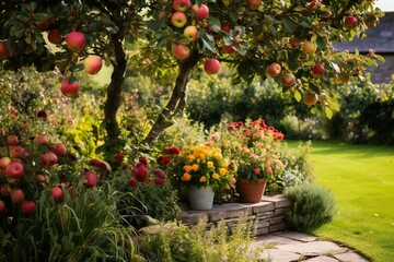 Obraz premium Harvest Festival border front garden in the apple orchard, with empty copy space Generative AI