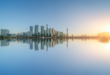 Fototapeta na wymiar skyline of Shanghai financial district buildings at sunset