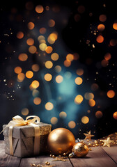 Weihnachtsdekoration auf Tisch mit Bokeh und Tiefensch&auml;rfe f&uuml;r Weihnachtsgr&uuml;&szlig;e, hochkant, erstellt mit generativer KI
