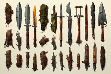 Ancient tools from bones and stones vector illustrations set. primitive weapons of prehistoric people or barbarians for hunting, knife, axe isolated on white background. history, stone age concept
 - obrazy, fototapety, plakaty