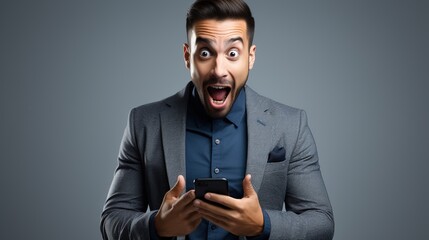 A Young businessman looking at his mobile phone with surprise expression isolated over gray background. - obrazy, fototapety, plakaty