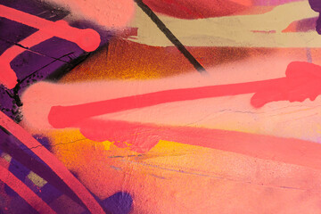 Messy paint strokes and smudges on an old painted wall. Pink, purple, yellow, black color drips,...