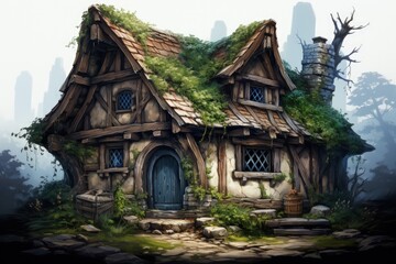 Fototapeta premium A small fantasy cabin in the forest concept art illustration