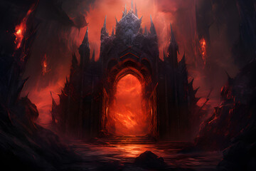 Demonic Gate with Lava River - Digital Illustration. - obrazy, fototapety, plakaty
