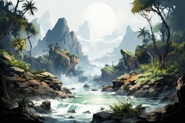 waterfall in the mountains concept art illustration