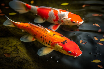 Obraz na płótnie Canvas In a tranquil garden, koi fish glided gracefully beneath the surface of a serene pond, their vibrant colors mirrored in the still waters, a scene of calm and beauty.