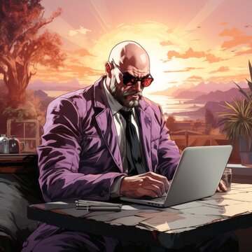Big bald guy with the proportions of a thief in law works hard at a laptop