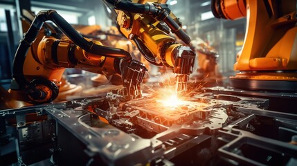 A Manufacturing: The manufacturing industry involves producing goods on a large scale, manufacturing, assembly lines, factories, machines, and industrial robots.