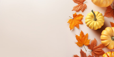 Fall background with orange pumpkins and fall leaves on a light empty surface with copy space. Generative AI