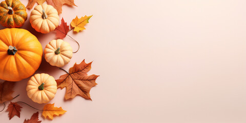 Fototapeta premium Fall background with orange pumpkins and fall leaves on a light empty surface with copy space. Generative AI