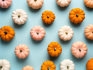 Topdown view of a small pumpkins on pastel background for autumn or Halloween. Generative Ai