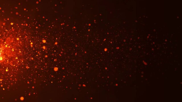 Colorful animation of bright particles flying horizontally. Dynamic particles randomly float in slow motion in space. Shimmering sparkling particles. Real colored particles in the air. 3d. 4k