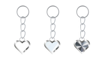 A set of silver or steel keychains in the shape of a heart. Chains made of stainless steel. Metal key holders isolated on white background. Realistic vector illustration.