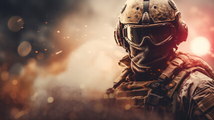 Modern army special forces equipped soldier, anti terrorist squad fighter, elite mercenary in helmet, studio portrait. Close up, half length