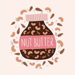 Jar of chocolate hazelnut butter. Delicious cashew nut dessert. Glass jar with a sticker. Canned products. Vector isolated illustration.