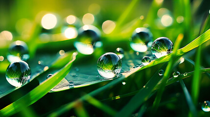 Glistening dewdrops on blades of grass at dawn,